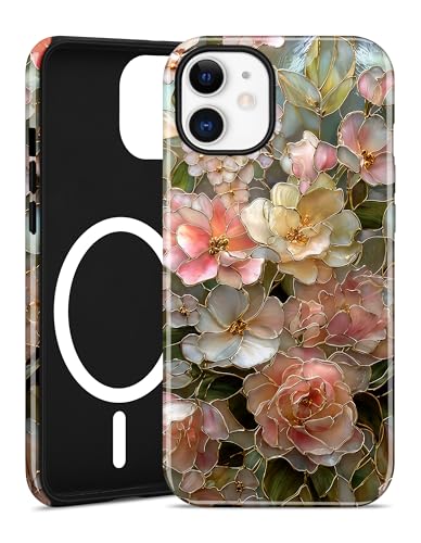 Magnetic Flower Phone Case for iPhone 17 Pro, Pink Yellow | Compatible with MagSafe, Cute Stained Glass Rose Aesthetic, TPU and PC Protective Phone Cover for Women Men Girls Boys - color: Pink Yellow Rose