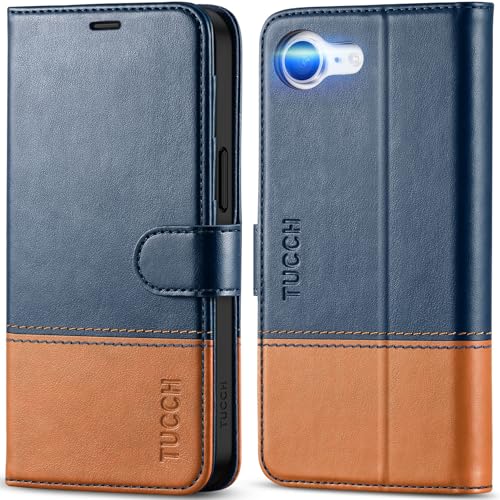 TUCCH Wallet Case for iPhone 17e & 16e (6.1"), 4 Card Holders, Blue & Brown | RFID Blocking, Viewing Stand, Shockproof TPU Shell, PU Leather, Magnetic Closure, Protective Folio Flip Cover - color: Two-tone Blue & Brown