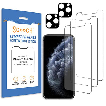 Scooch® Tempered Glass Multipack for iPhone 11 Pro Max, 3 Screen Protectors and 2 Camera Lens Protectors, Premium 9H Tempered Glass, Anti-Scratch, Anti-Fingerprint, Impact Resistant - size: iPhone 11 Pro Max