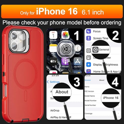 Follaroma for iPhone 16 Case with Magnetic,Heavy Duty Case,6.1'',Red - color: Red, size: iPhone 16 6.1''