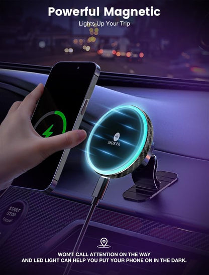 for Magsafe Car Mount Charger 15W LED RGB Car Phone Holder for Dash Vent - color: Carbon Fiber