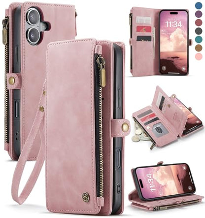 Defencase for iPhone 17 Wallet Case with RFID Blocking Card Holder, Pink | Durable Soft PU Leather, with Zipper Pocket, Wrist Strap, Fashion Snap Flip Phone Cases Cover with Stand for Women and Men - color: Rose Pink