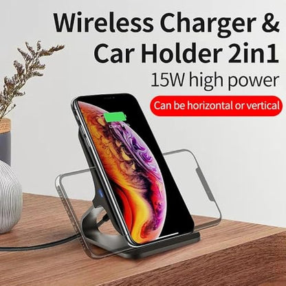 15W Wireless Charging Stand, Aluminum Alloy Anti-Slip, 6-Fold Safety Protection, Charging with Case(Black+Silver)