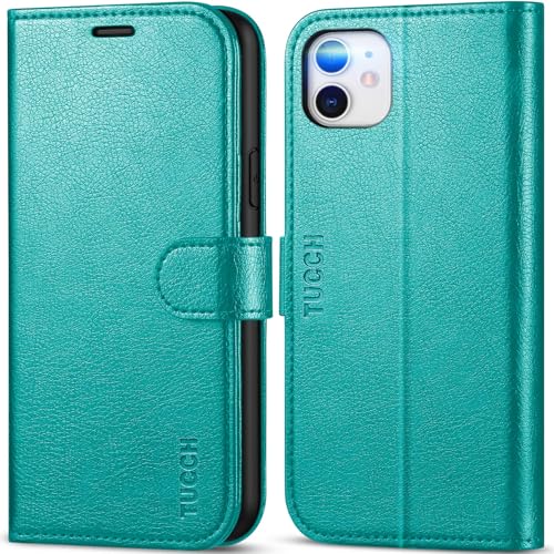 TUCCH Wallet Case for iPhone 11 (6.1") 2019, Flip Stand, Cyan | RFID Blocking, 3 Card Holders, Kickstand, PU Leather, Shockproof TPU Shell, Magnetic Closure, Protective Folio Cover - color: Cyan - Textured