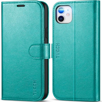 TUCCH Wallet Case for iPhone 11 (6.1") 2019, Flip Stand, Cyan | RFID Blocking, 3 Card Holders, Kickstand, PU Leather, Shockproof TPU Shell, Magnetic Closure, Protective Folio Cover - color: Cyan - Textured