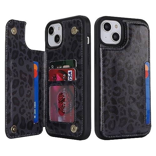 iCoverCase Compatible with iPhone 14 Plus Phone Case with Card Holder, Wallet Case for Women Men RFID Blocking PU Leather Protective Case 6.7 Inch (Black Leopard) - color: Black Leopard