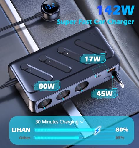 LIHAN Cigarette Lighter Splitter with Retractable Type-C Cable, PD45W+QC - size: C29