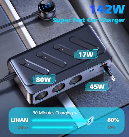 LIHAN Cigarette Lighter Splitter with Retractable Type-C Cable, PD45W+QC - size: C29