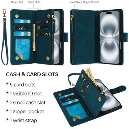 RANYOK Compatible with iPhone 16 Case Wallet - PU Leather Wallet Case for iPhone 16 with Credit Card Holder RFID Blocking Zipper Pocket with Wrist Strap Flip Folio Protective Case (Blue) - color: Blue, size: iPhone 16, 6.1"