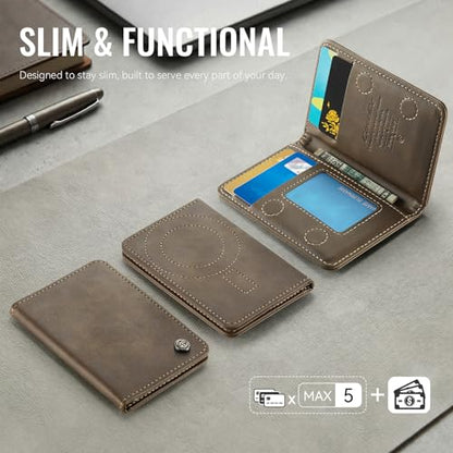 Magnetic Wallet Card Holder with RFID Protection, PU Leather Slim Wallet, Strong Magnet Attachment for iPhone 18/17/16/15/14/13/12 Series Pro Max Plus Mini-Brown - color: Brown
