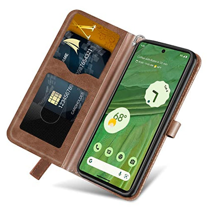 Wallet Case for Google Pixel 7 with Card Holder/Slot,PU Leather Folio Flip Shell [Kickstand][Magnetic Closure][Wrist Strap] Shockproof Cover Fit Google Pixel 7, Brown - color: Brown, size: Google Pixel 7