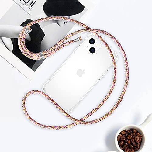for iPhone 13 Case Clear Neck Hanging Adjustable Shoulder Lanyard Crossbody Phone Cover Women Girls Soft TPU Slim Drop Protective Strap Mobile Case for iPhone 13 - Rainbow - size: iPhone 13