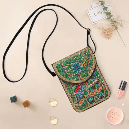 Small Beaded Crossbody Bag for Women, Boho Cell Phone Shoulder Purse Wallet with Handcrafted Colorful Beads - color: Elephant