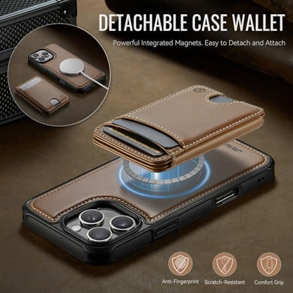 WJX for iPhone 16 Pro MagSafe Wallet Case, 2-in-1 Detachable Luxury Card Holder, Universal MagSafe Compatible, RFID Blocking, Shockproof Kickstand Slim Cover， Brown - color: Brown, size: iPone 16 Pro