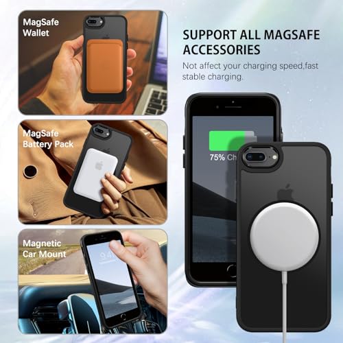 DUEDUE for iPhone 8 Plus Case, iPhone 7 Plus Case Magnetic[Compatible with Magsafe], Translucent Matte Back Protective Cover Anti-Scratch Shockproof Phone Case for iPhone 7 Plus/8 Plus, Black - color: Black