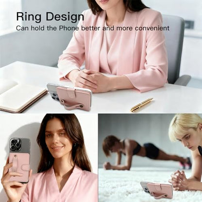 for MagSafe Card Holder for iPhone 17/16/15/14/13/ Pro/Max/Plus with Strap Stand RFID Blocking ID Window Hold 5 Cards,Leather Magnetic Phone Wallet for MagSafe Phones and Cases,Leather Pink - color: Pink