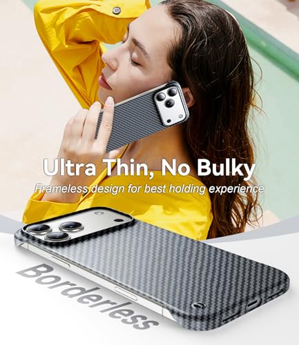 GRECAZO Magnetic Ultra-Thin Frosted Soft Touch Skin Borderless Carbon Fiber Style Texture for iPhone 17 Frameless Case 6.3" Slim Minimalist Lightweight Matte Hard for MagSafe Cover Case-Black - size: iPhone 17