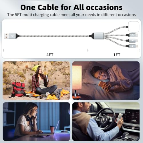 Travel Essentials 4in1 Multi Charging Cable for iPhone Watch Charger 3PK5FT - color: Light Grey Silver, size: AC to 2C+L+iWatch