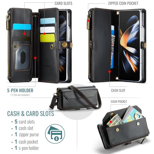 Strapurs Crossbody Wallet Case Compatible with Samsung Galaxy Z Fold 4 with RFID Blocking Card Holder & Pen Holder Slot Soft PU Leather Shoulder Strap Zipper Pocket Purse Fold 4 Phone Case, Black | RFID Blocking 5-Card Holder, Shoulder Lanyard, Wirst Stra
