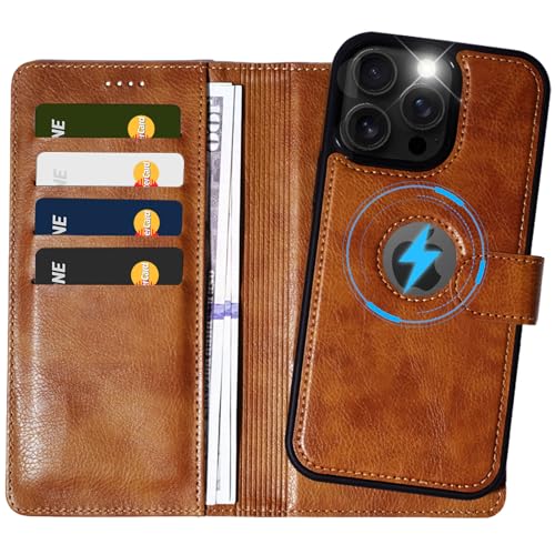 2 in 1 PU Leather for iPhone 15 Pro Case, Detachable Wallet Case with Card Holder, Removable Flip Folio Cover with RFID Blocking, Stand Shockproof Phone Cover（Compatible with MagSafe） Brown - color: Brown, size: Iphone 15 pro