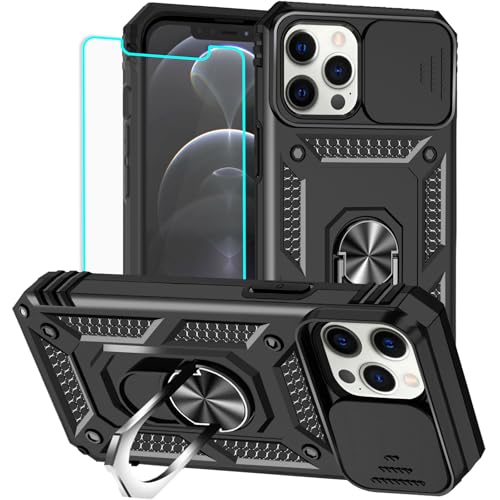 HNHYGETE for iPhone 12 Pro Max Case with Screen Protector: [Military Grade 20ft. Drop Tested] Slide Camera Cover Ring Shockproof Protective Phone Case for - iPhone 12 Pro Max (Black) - color: Black, size: iPhone 12 Pro Max