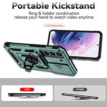 for Samsung Galaxy S22 Case with Camera Lens Cover Screen Protector, Dual Layer Military-Grade Drop Tested Magnetic Ring Holder Kickstand Protective Phone Case for Samsung Galaxy S22 5G (Dark Green) - color: Dark Green with camera cover Military-Grade