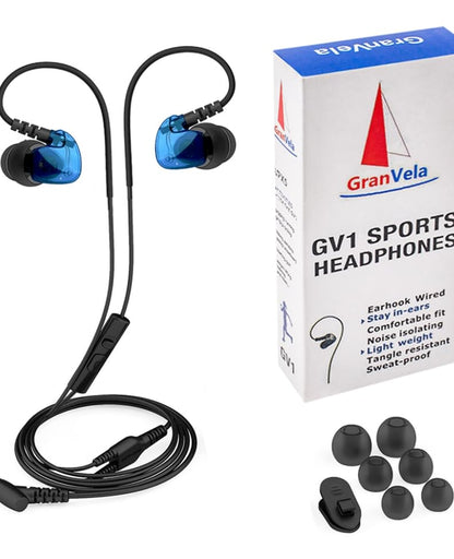 Granvela GV1 HD Sports in-Ear Headphones, IPX5 Waterproof Running Earbuds Wired with Mic, Phone-Call Answering,Memory Wire Earhook and Clip - Blue - color: Blue
