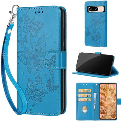 Wallet Case for Google Pixel 8, Blue Butterfly | Women Flip Folio Cover, Embossed PU Leather, Stand, Credit Card Holders Slots, Wrist Strap - color: 8