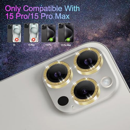 Camera Lens Protector for iPhone 15 Pro/15 Pro Max, Glitter Gold - color: Glitter Gold