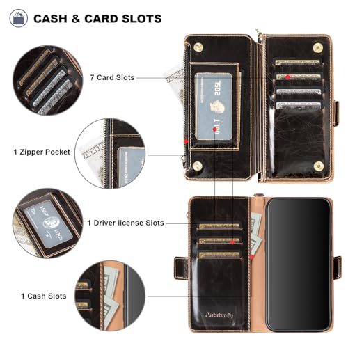 Antsturdy for iPhone 14 Plus Phone Wallet Case Women,(Coffee) | RFID Blocking,with Credit Card Holder Slots,PU Leather Purse,Zipper Pocket,Wrist Strap Kickstand,Flip Folio Cover for Men - color: B-Coffee