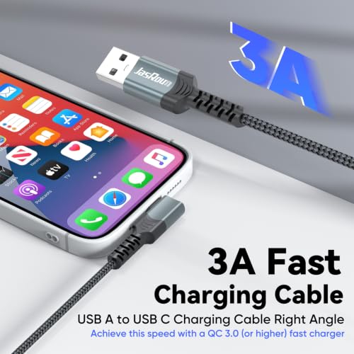 USB to USB C Cable 10ft Right Angle, 3A Fast Charging 90 Degree USB C Cord