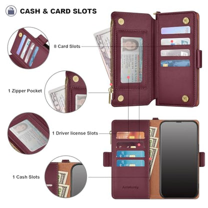 Antsturdy for iPhone 17 Pro Max Phone Wallet Case Women,Wine Red | RFID Blocking,with Credit Card Holder Slots,PU Leather Purse,Zipper Pocket,Wrist Strap Kickstand,Flip Folio Cover for Men - color: Wine Red