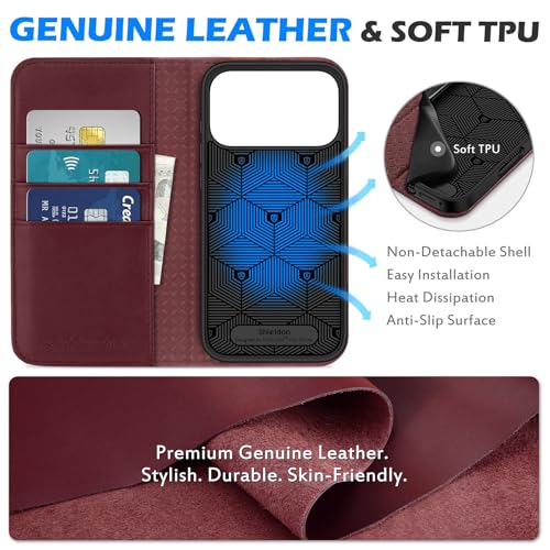 SHIELDON Genuine Leather Case Wallet for iPhone 17 Pro Max 6.9", Wine Red | Magnetic Closure, RFID Blocking, Credit Card Slot, Kickstand, Flip Book Design, Soft Shockproof Phone Cover - color: Wine Red