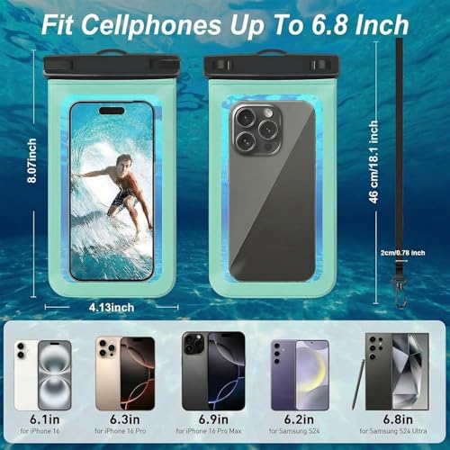 Waterproof Phone Case, 6.8" Universal Dry Bag for iPhone 15/14/13/12 Pro Max, IPX8 Waterproof Pouch, Cruise Ship & Beach Essentials, Green - color: B6-Green-1 pack, size: 6.8in