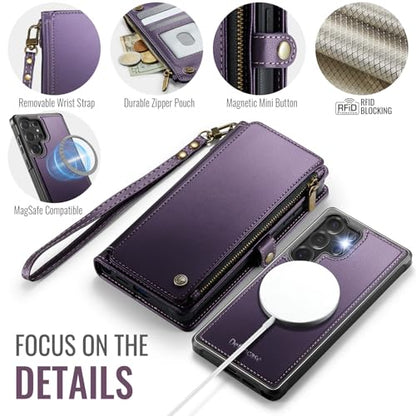 Defencase for Galaxy S22 Ultra Case Wallet Compatible with Magsafe, Purple | Magnetic Detachable, RFID Bolcking Card Holder, Zipper Strap, PU Leather Drop-Proof Phone Cover for Samsung Galaxy S22 Ultra - color: (Detachable with Magsafe)-Purple