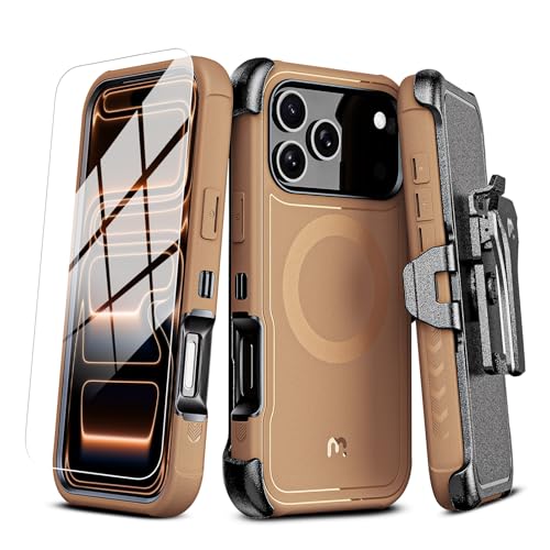 M MYBAT PRO for iPhone 17 Pro Case with Belt Clip Holster,[Compatible with Magsafe] w/Screen Protector,Anti-Drop,Shockproof,w 360°Rotating Kickstand,Heavy Duty Protection (Brown) - color: Brown