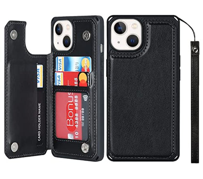 iCoverCase Compatible with iPhone 14 Wallet Phone Case with Card Holder for Women, RFID Blocking Embossed PU Leather Wrist Strap Case 6.1 Inch (Macaron Black) - color: P-Black