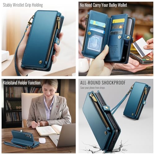 Defencase for Samsung Galaxy S24 Wallet Case with RFID Card Holder, Blue | Durable Soft PU Leather, with Zipper Pocket, Wrist Strap, Fashion Snap Flip S24 Phone Cases Cover with Stand for Women Men - color: Ocean Blue
