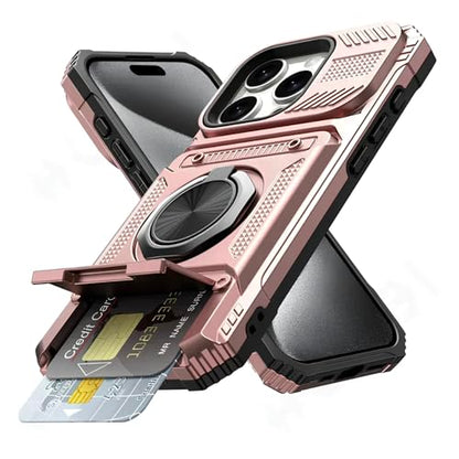 Military Grade Phone Case with Wallet & Magnetic Ring Kickstand, 2-Card Holder, Heavy Duty Drop Protection, Dual Layer TPU+PC Cover for iPhone 11/13/14/15/16/17 Pro Max (Rose Gold, iPhone 15 Plus) - color: Rose Gold