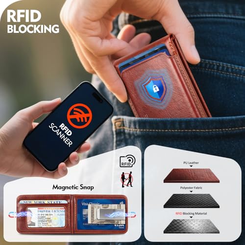 Shieldtop RFID Blocking MagSafe Wallet Stand with Card Holder,5 Card Slots & ID Window,PU Leather Magnetic Adjustable Kickstand for iPhone 12/13/14/15/16/17 Pro Max & Air Plus Series,Brown - color: Brown
