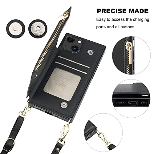 Bocasal Crossbody Wallet Case with Strap for iPhone 13/14, Black | RFID Blocking Card Slot Holder, Magnetic Flip Folio Purse Case, PU Leather Zipper Handbag Detachable Lanyard Strap 6.1 Inch - color: Black