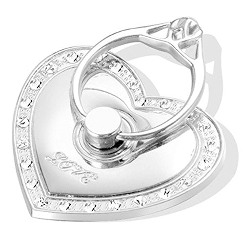 Phone Stand, Luxury Updated Re-Usable Metal Stainless Phone & Tablet Anti Drop Ring Stand Holder with Diamonds for iPhone iPod iPad Samsung and More (Heart Shape) (Silver) - color: Silver