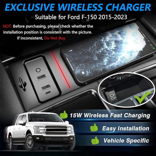 Wireless Charger for Ford F-150 2015-2023, Automotive Center Console Organizer Wireless Charging Pad for Ford F150 Interior Accessories (Doesn't fit F-250/F-350)