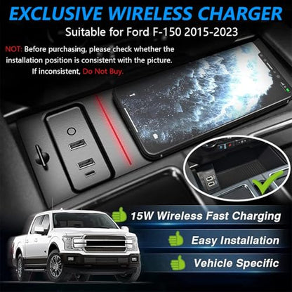 Wireless Charger for Ford F-150 2015-2023, Automotive Center Console Organizer Wireless Charging Pad for Ford F150 Interior Accessories (Doesn't fit F-250/F-350)