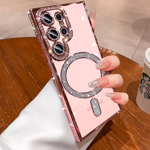 for Samsung Galaxy S26 Ultra Clear Glitter Case Magnetic, [Compatible with MagSafe] Women Cute Bling Diamond Sparkly Case Camera Lens Protectors Plating Cover for Galaxy S26 Ultra, Pink - color: Pink
