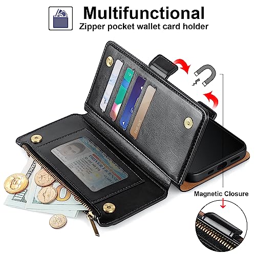 Antsturdy for iPhone 14 Plus Phone Wallet Case Women,Black | RFID Blocking,with Credit Card Holder Slots,PU Leather Purse,Zipper Pocket,Wrist Strap Kickstand,Flip Folio Cover for Men - color: A-Black