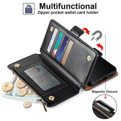 Antsturdy for iPhone 14 Plus Phone Wallet Case Women,Black | RFID Blocking,with Credit Card Holder Slots,PU Leather Purse,Zipper Pocket,Wrist Strap Kickstand,Flip Folio Cover for Men - color: A-Black