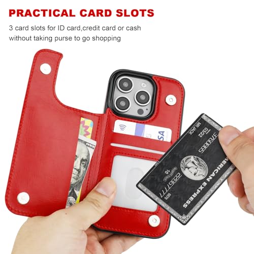 ONETOP for iPhone 16 Pro Wallet Case with Credit Card Holder,Red | Kickstand,ID/Cash Holder,Case Wallet with Card Slots,Double Magnetic Clasp,Durable PU Leather Shockproof Cover for Women Men - color: Red