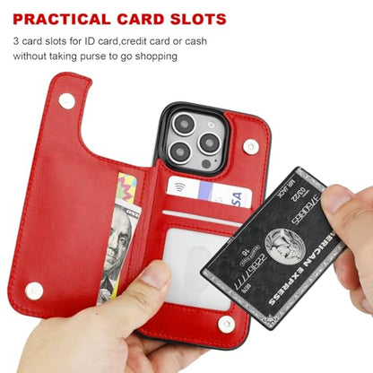ONETOP for iPhone 16 Pro Wallet Case with Credit Card Holder,Red | Kickstand,ID/Cash Holder,Case Wallet with Card Slots,Double Magnetic Clasp,Durable PU Leather Shockproof Cover for Women Men - color: Red