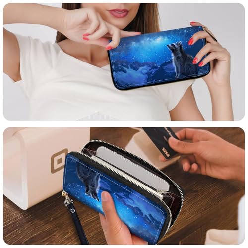 Ladies Wallet,Clutch Purses for Women Wallets Leather Credit Card Holder for Women Wristlet Slim Small Cute with Zipper,Thin RFID Blocking with Wrist Strap,Blue Galaxy Raccoon - color: Blue Galaxy Raccoon